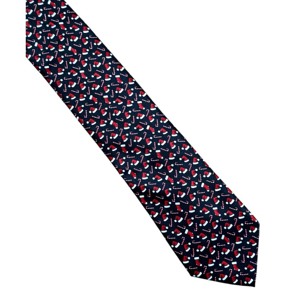 VTG Santa Hat Candy Cane Christmas Neck Tie Novelty Holiday Party Black Red Noel